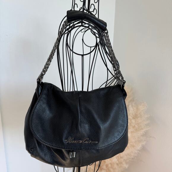 Kenneth Cole Black Leather Hobo Slouchy Shoulder Flap Bag-Chain Strap Boho Chic - Picture 5 of 15